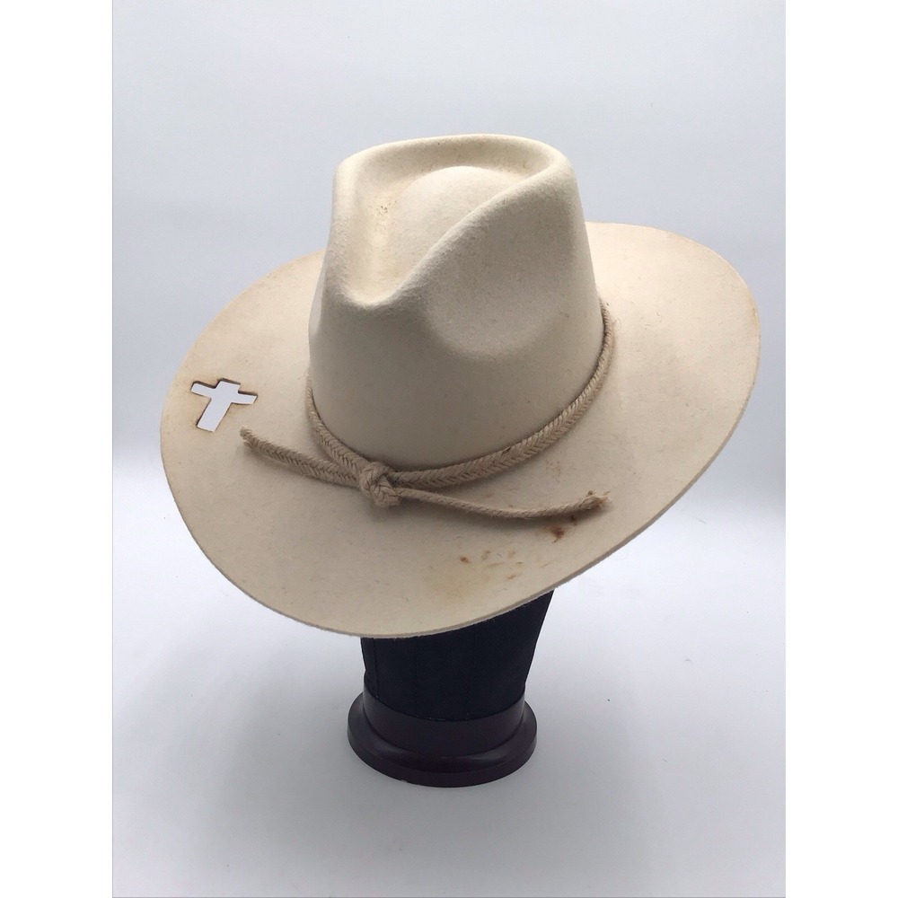 ASN Beige/Cream Felt Western Cowboy Hat w/ Rope Band & Cross Cutout Detail